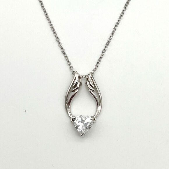 Guardian Angel Wings Austrian Crystal Heart  Pendant Necklace 925 Silver 17” - Picture 1 of 5